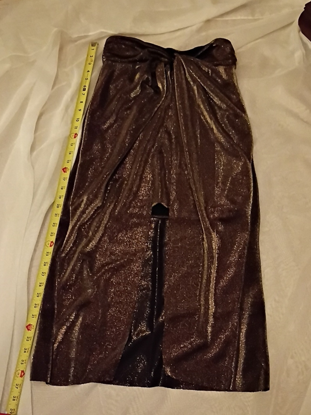 AllSaints Metallic Gold Shimmer On Black Twist-Front Maxi Skirt Over Mini Skirt - Picture 14 of 16